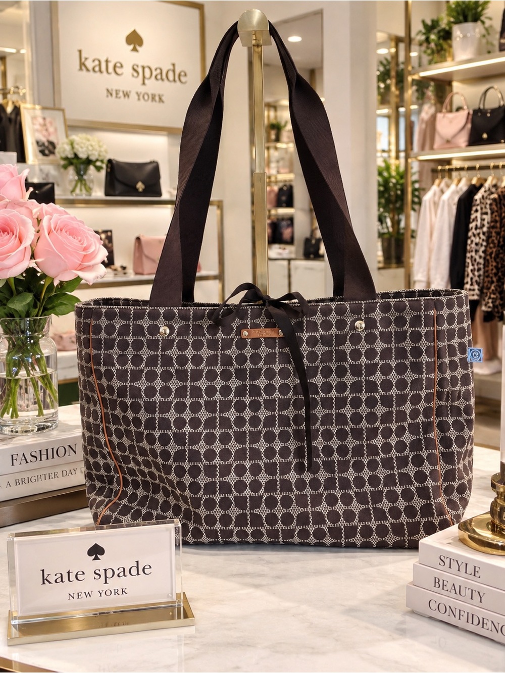 kate spade Brown and Cream Printed Tote with Dark Brown Straps